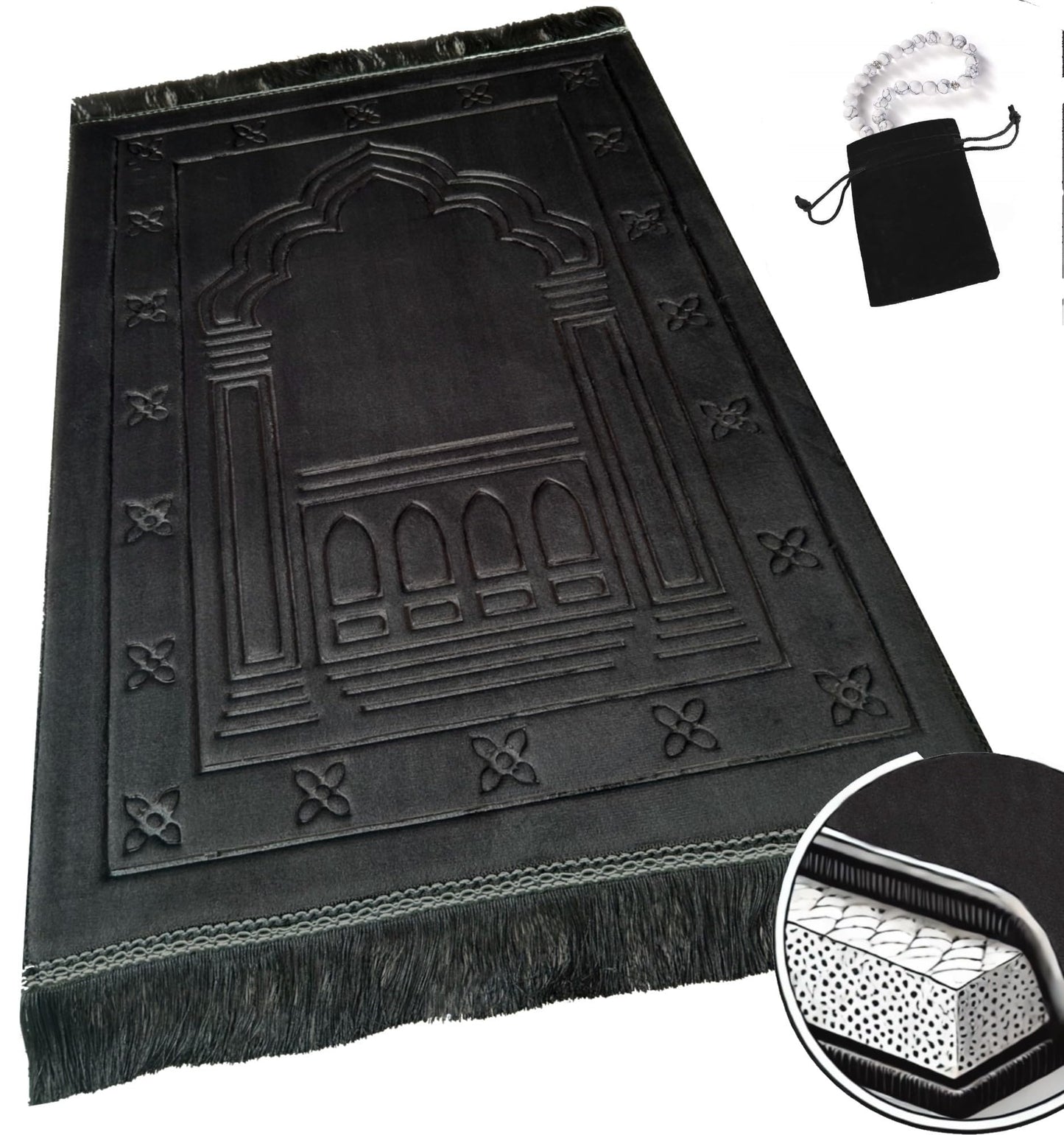 Orthopedic Prayer Rug Memory Foam - Padded Very Thick (Black)