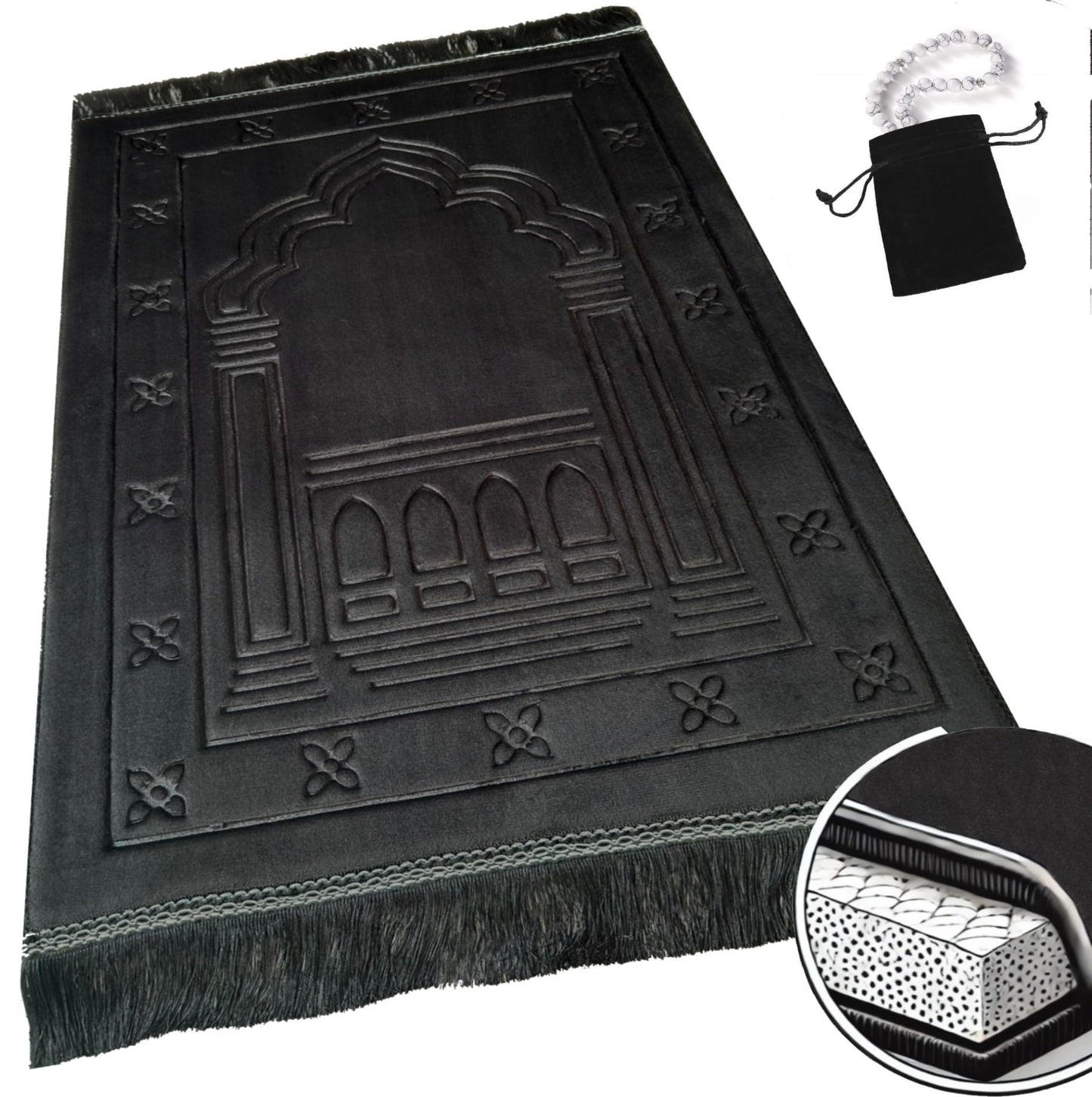 Orthopedic Prayer Rug Memory Foam - Padded Very Thick (Black)
