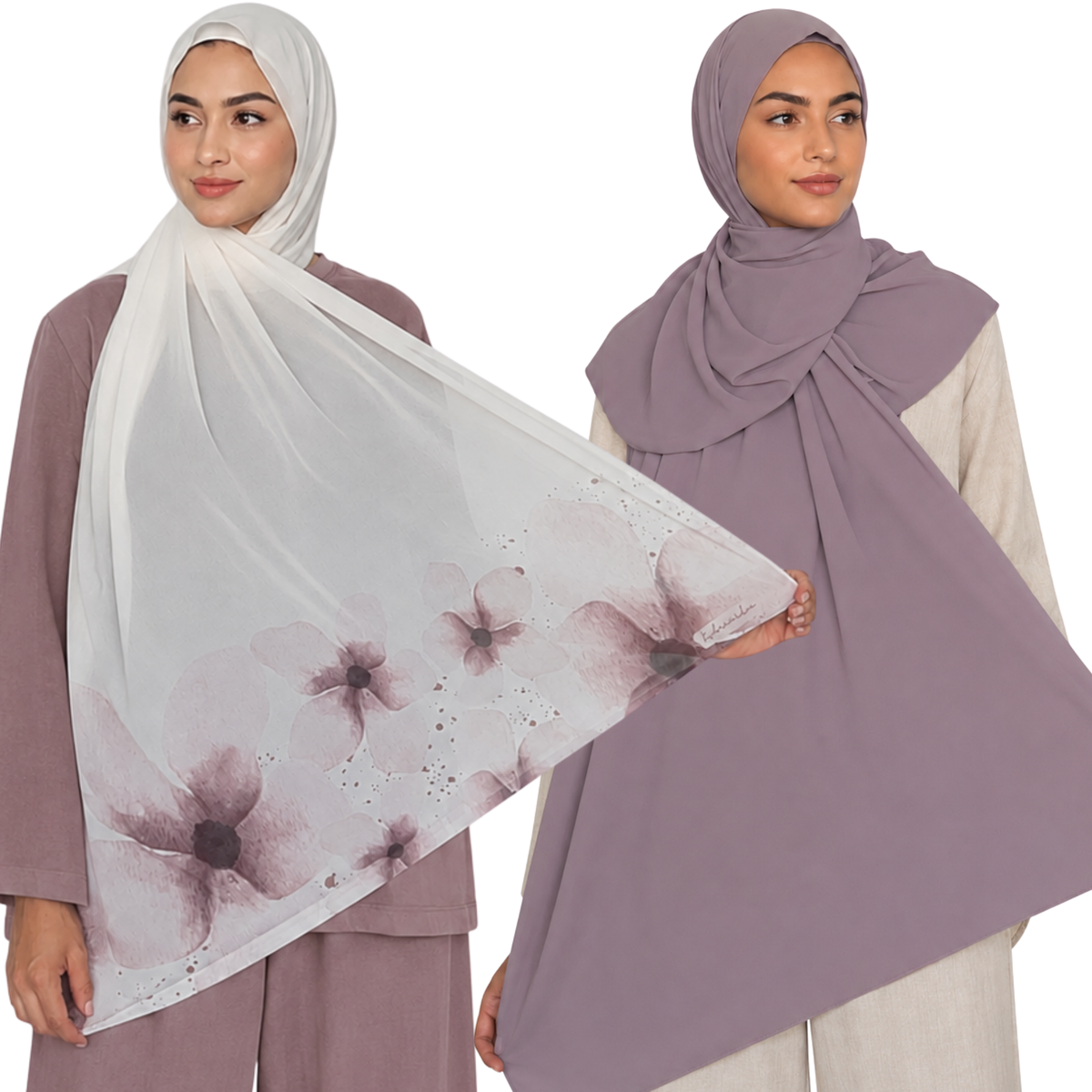 2-Piece Instant Chiffon Hijab Set (1 Printed & 1 Solid