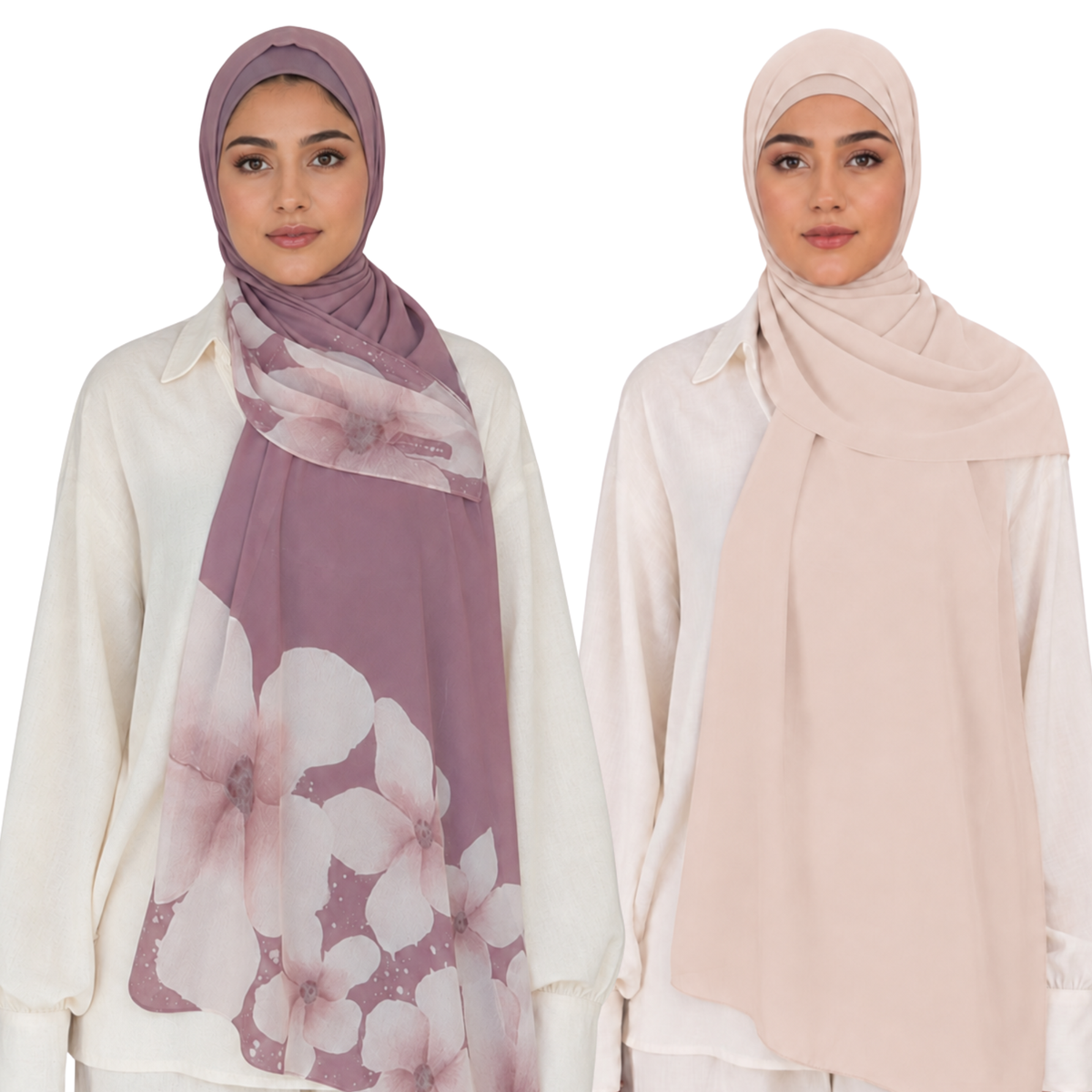 2-Piece Instant Chiffon Hijab Set (1 Printed & 1 Solid