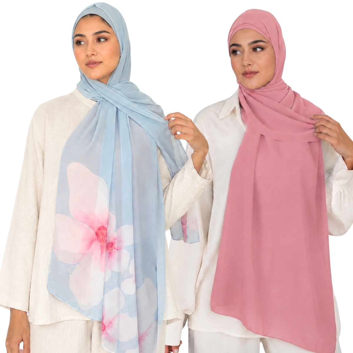 2-Piece Instant Chiffon Hijab Set (1 Printed & 1 Solid