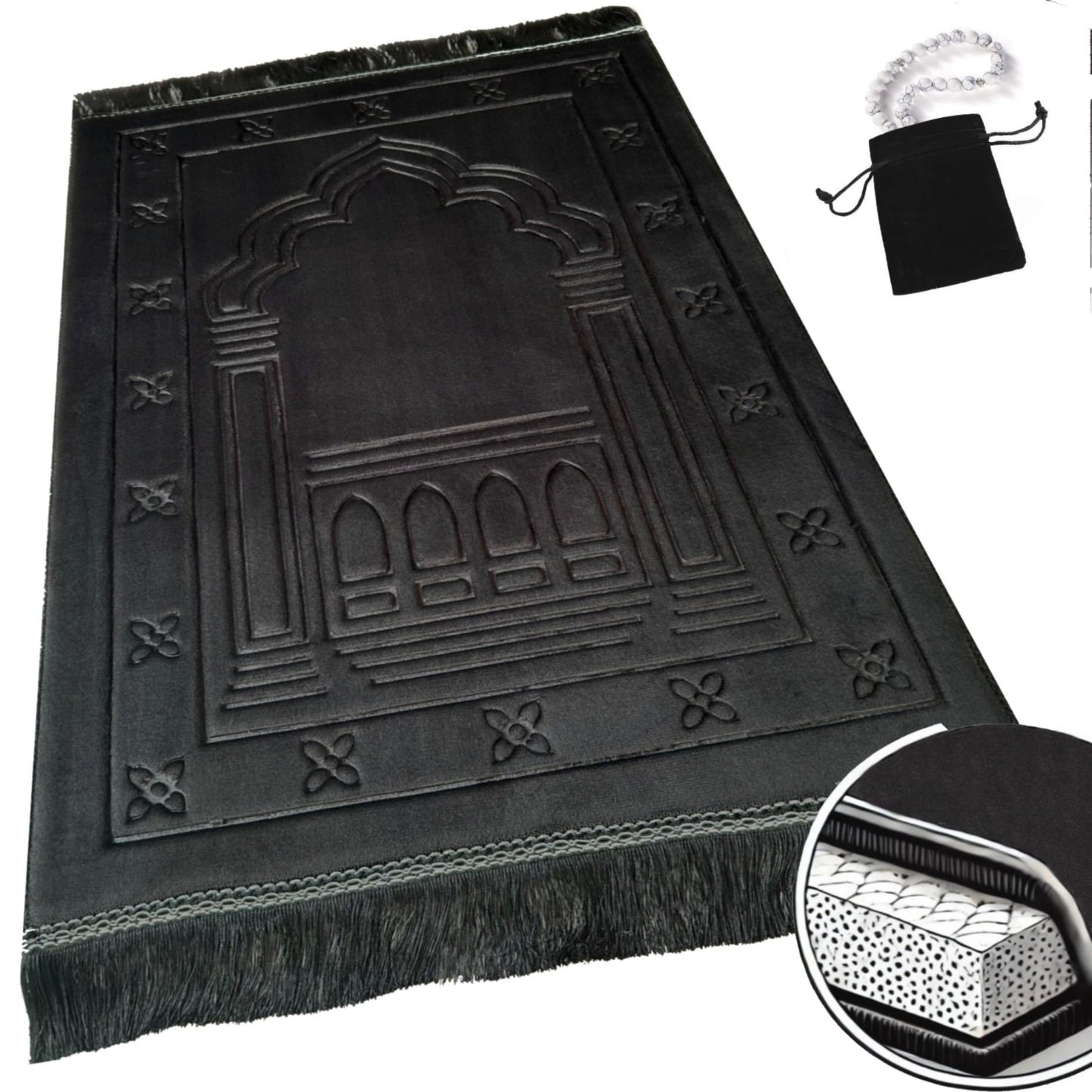 Orthopedic Prayer Rug Memory Foam - Padded Very Thick  (Black)