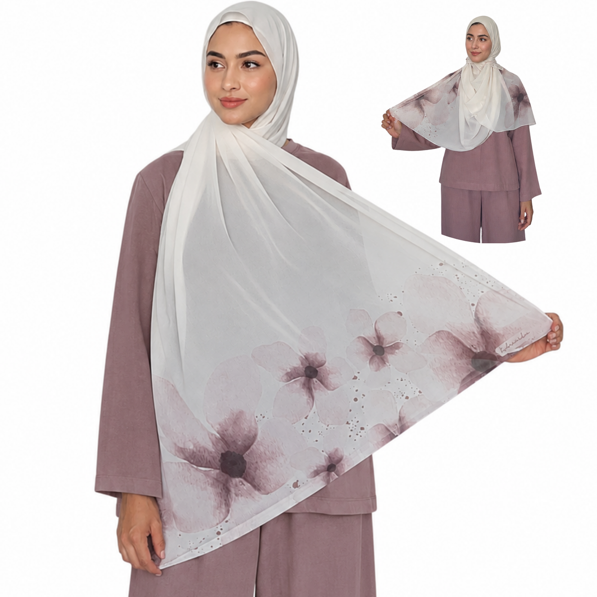 2-Piece Instant Chiffon Hijab Set (1 Printed & 1 Solid